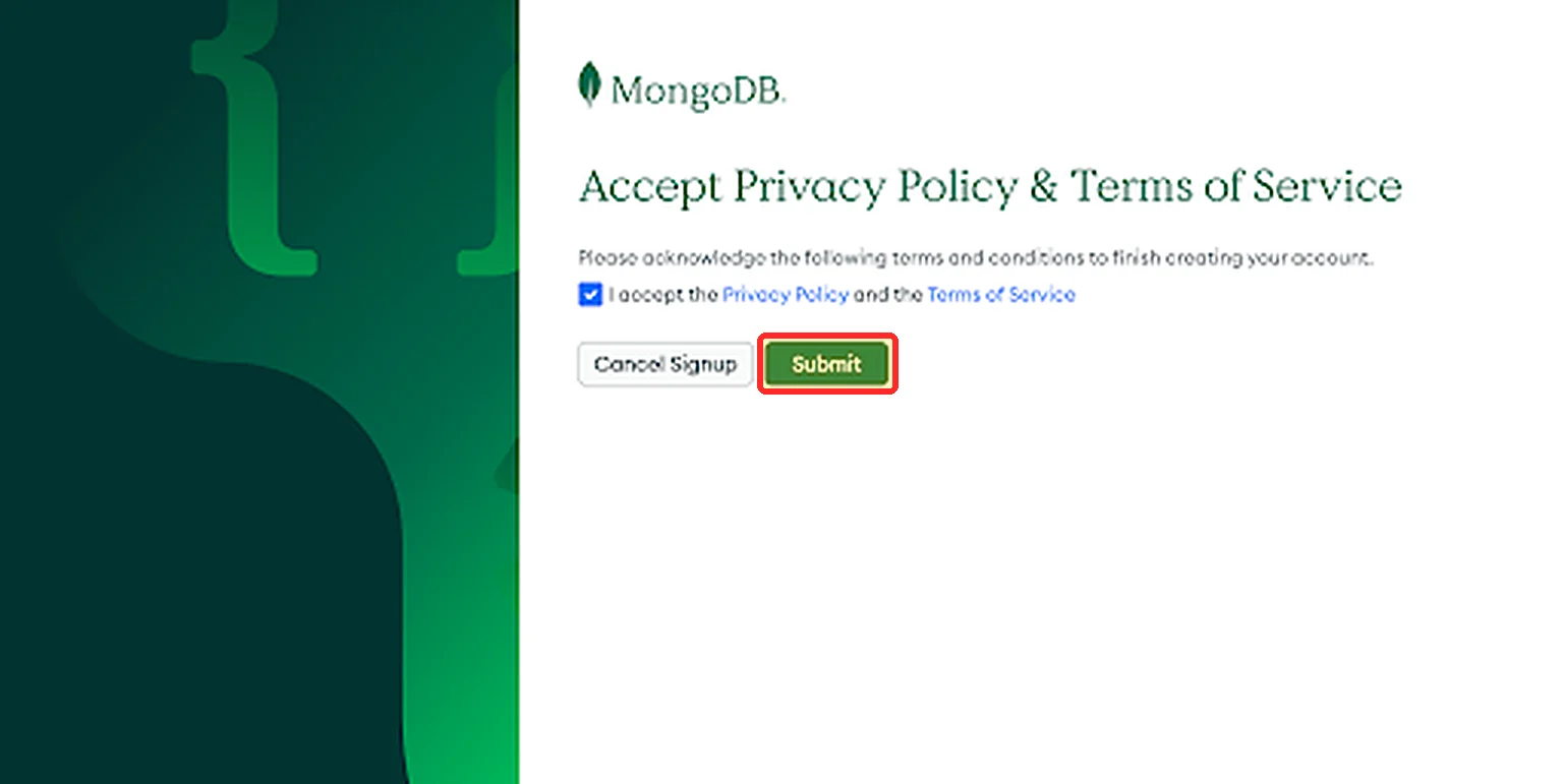 מסך אישור תנאי השימוש של MongoDB, הכפתור Submit מסומן