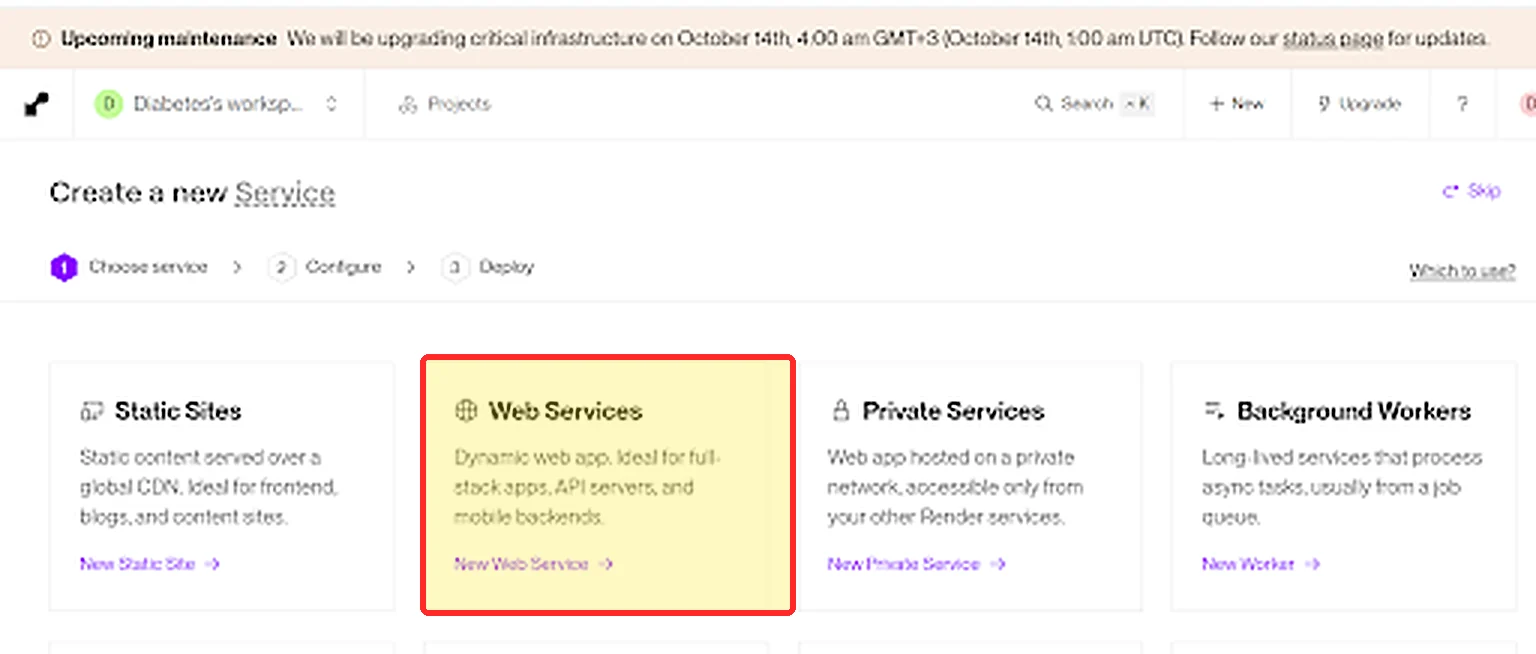 מסך Create a new Service, הכרטיס Web Services מסומן