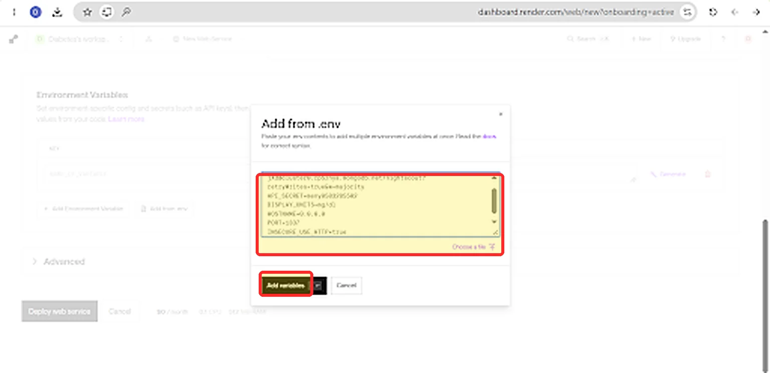 חלון Add from .env, הריבוע להדבקה והכפתור Add variables מסומנים
