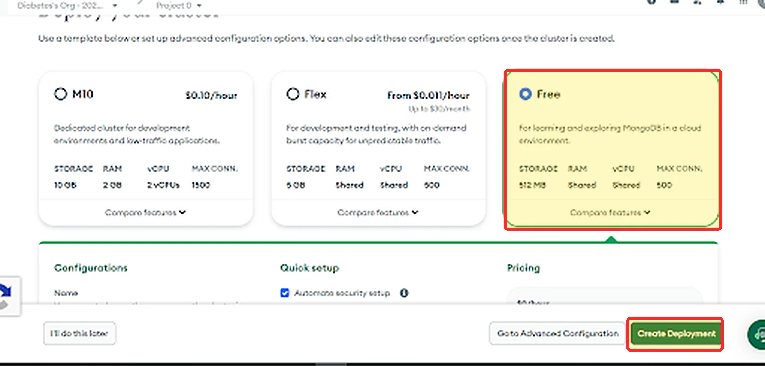 התוכנית Free והכפתור Create Deployment מסומנים