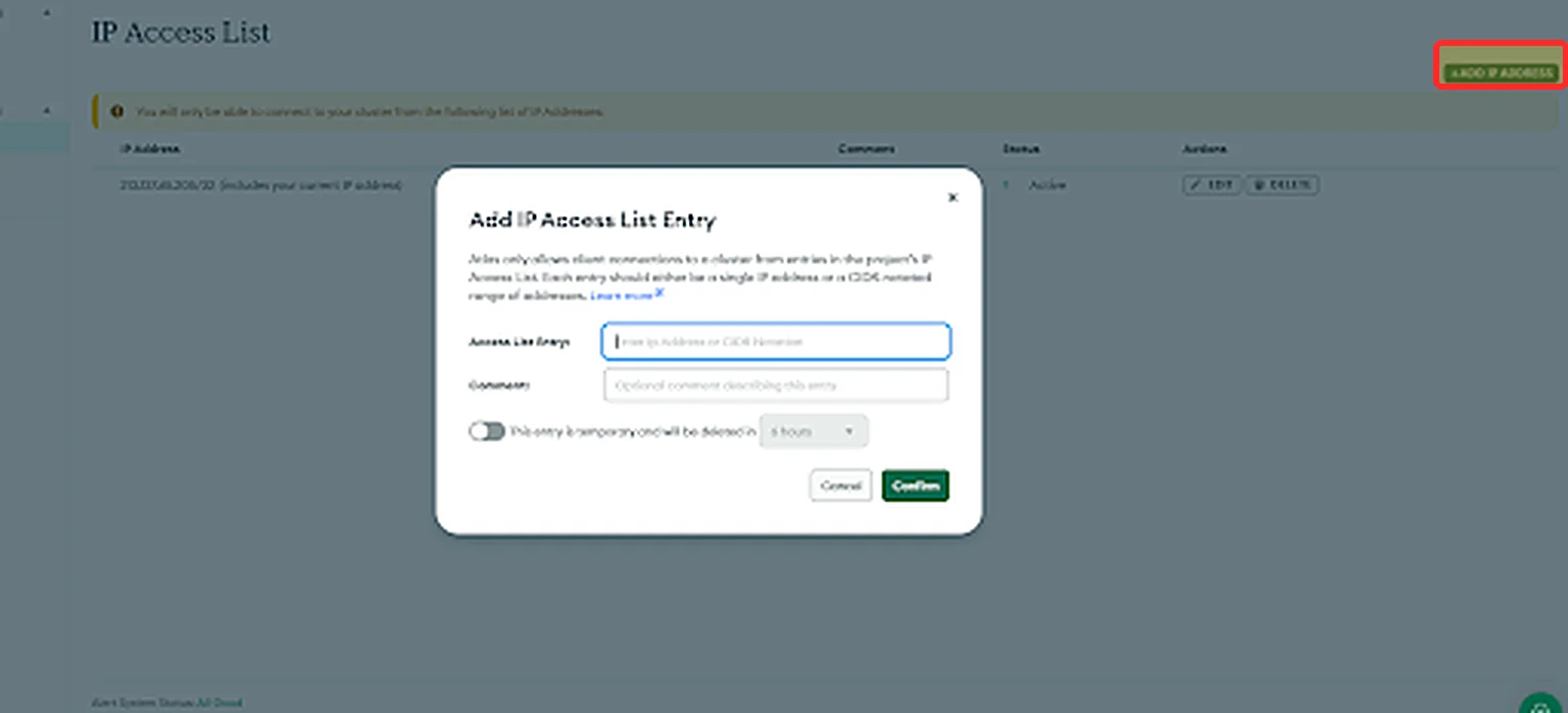 עמוד IP Access List, הכפתור Add IP Address מסומן